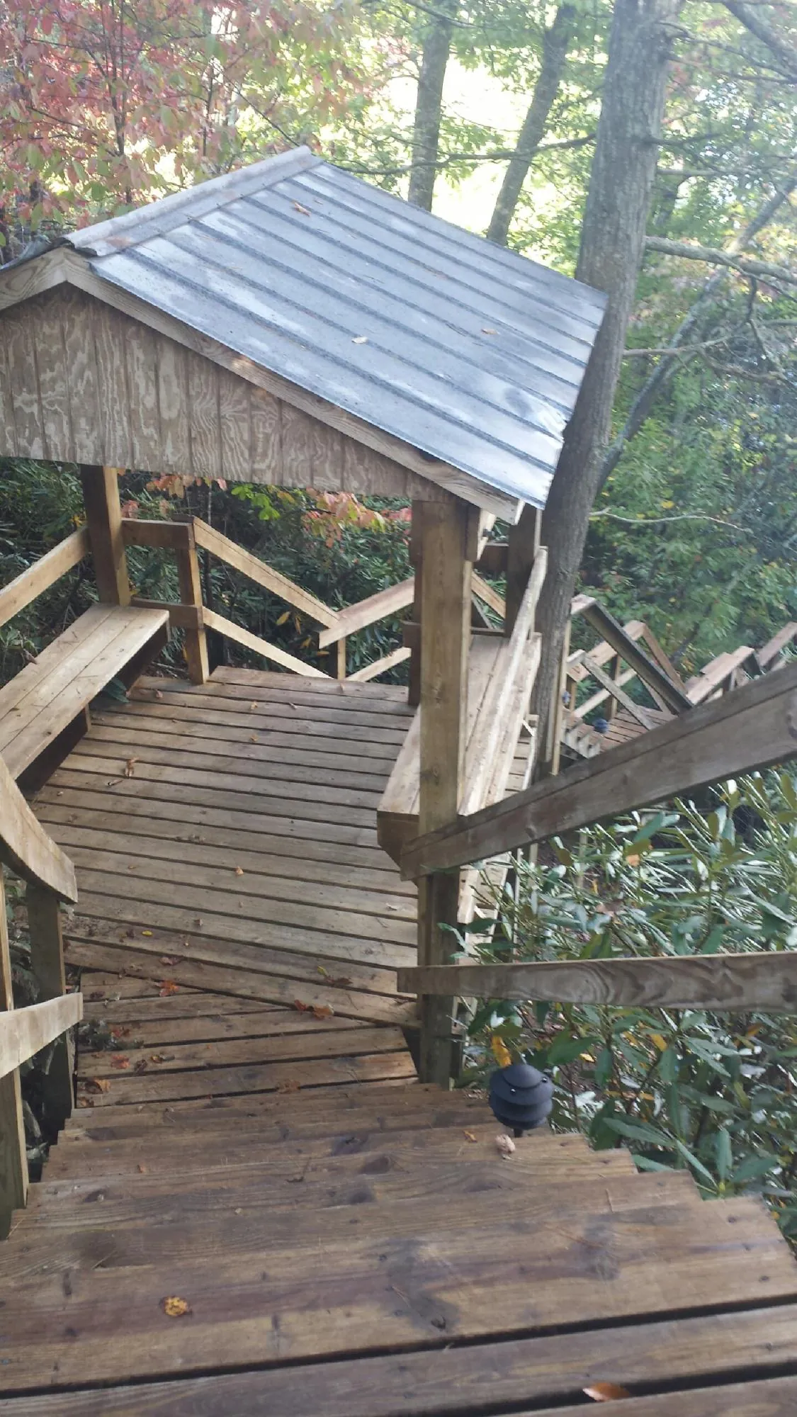 Metal roofed shelter over wooden steps on a wooded walkway — Skylight Repair & Installation work by our crew in Mapleton Depot